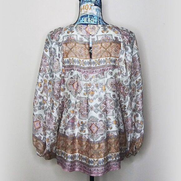 ANTHROPOLOGIE Floral Egyptian Cat Boho Silk Blouse Flowy Balloon Sleeves Size M - Picture 5 of 13